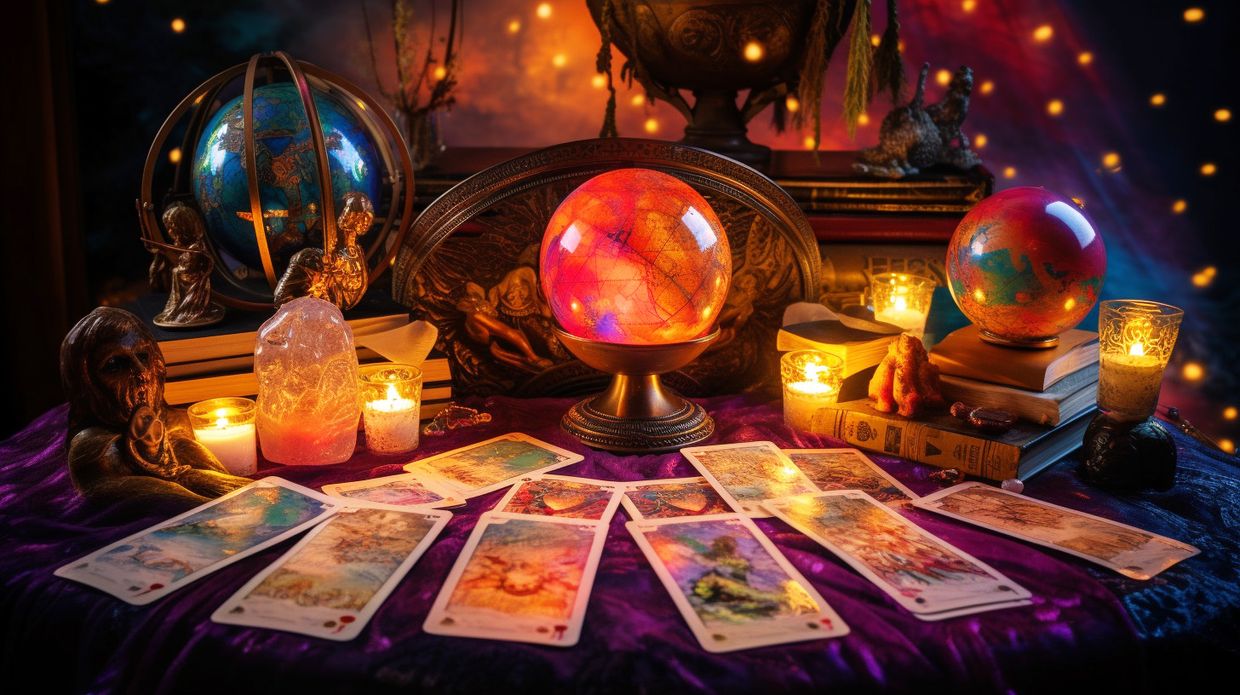 Crystal balls and tarot cards on a table