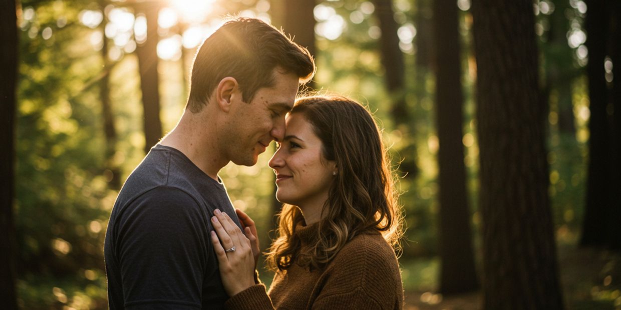 A young couple embracing in the forest with the sun shining on them.