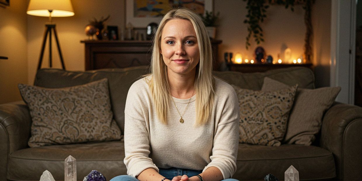A female psychic medium, blonde, in her 30s, sitting in her living room, surrounded by crystals.