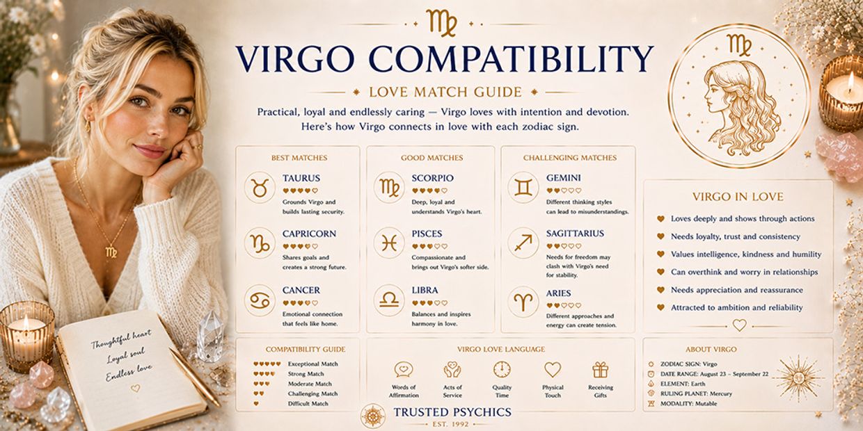 Virgo Compatibility Guide: Who Is Virgo Compatible With? Virgo Compatibility Infographic.