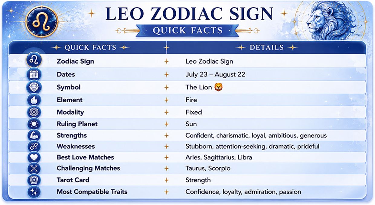 Who Is Leo Most Compatible With in Love & Relationships? Leo Zodiac Sign Quick Facts Infographic