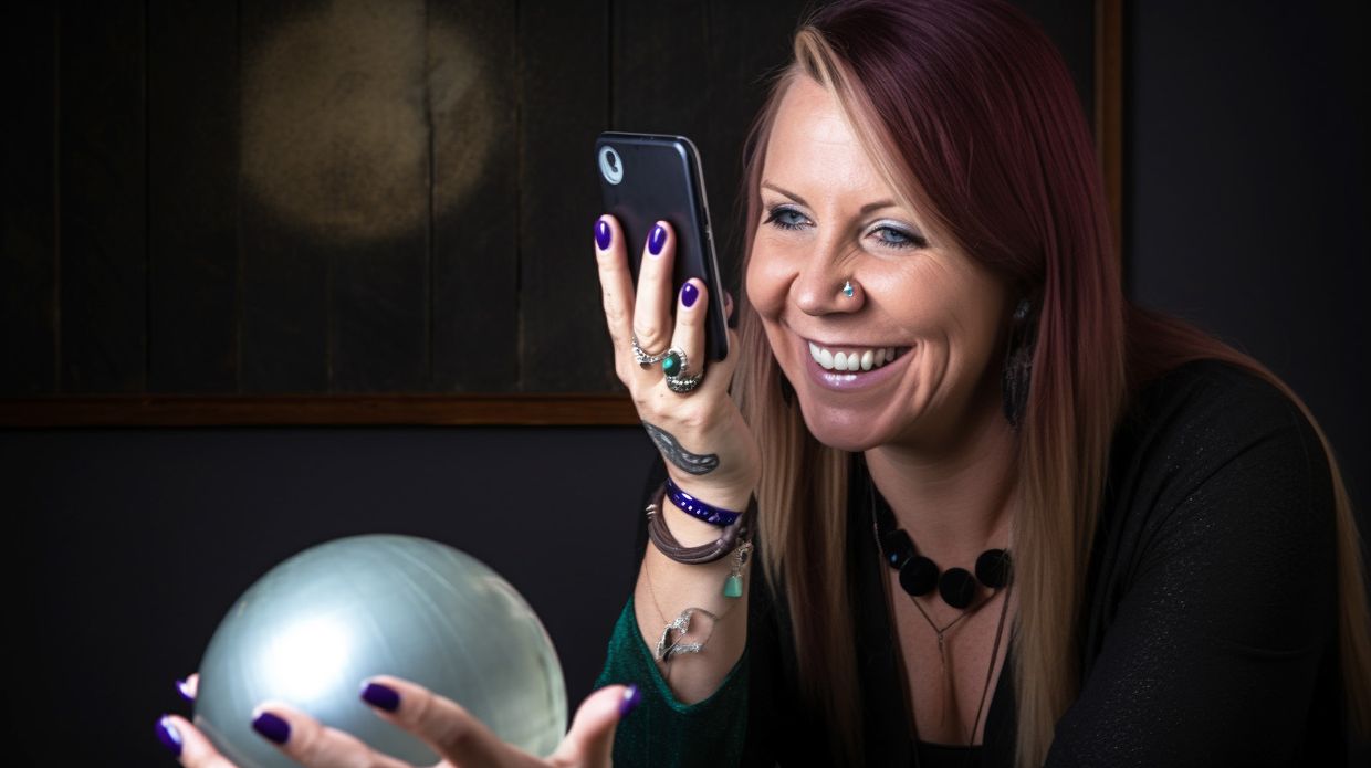A psychic reader on the phone holding a crystal ball