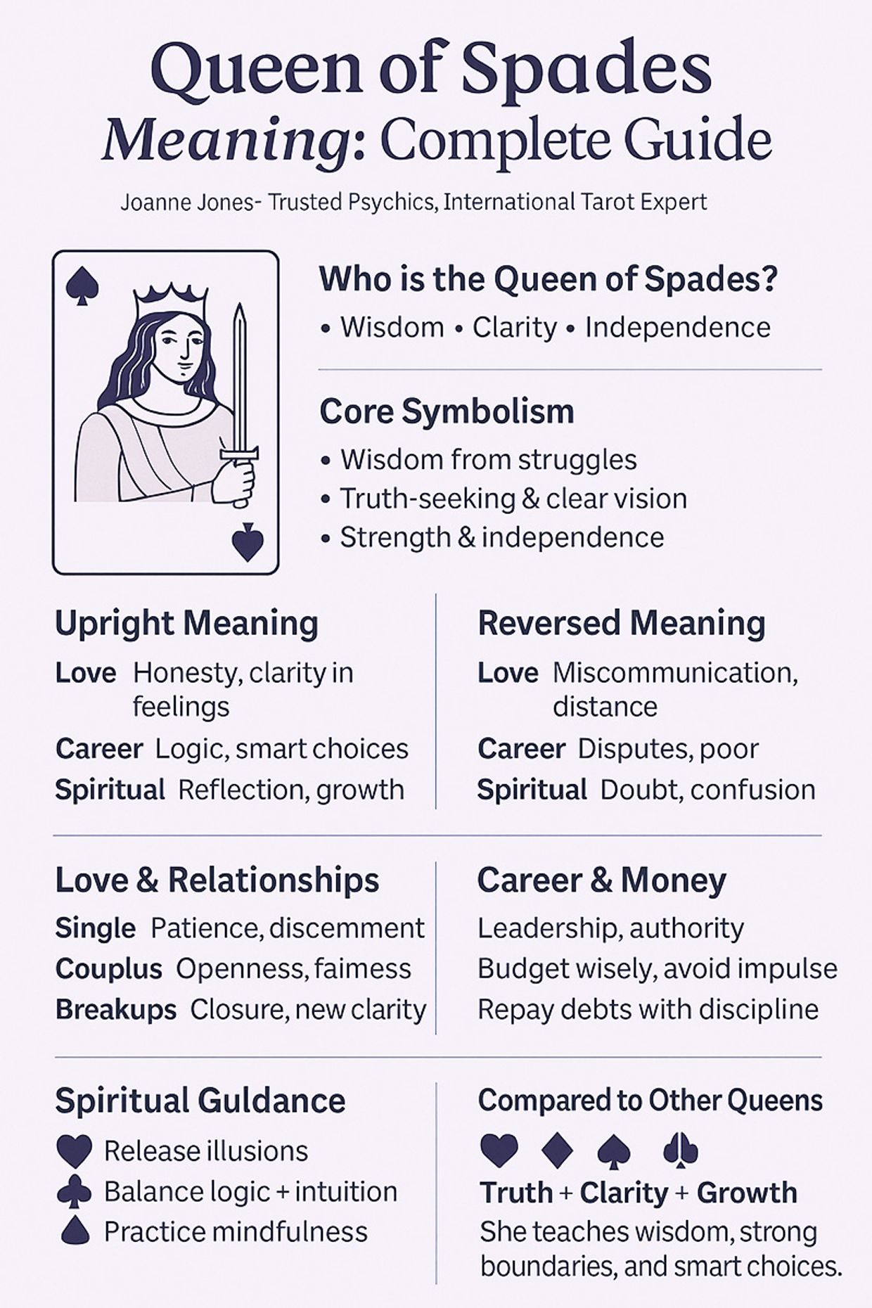 Queen of Spades Meaning in Tarot and Playing Cards, symbolism, upright and reversed interpretations, love, career, spirituality, and key insights.
