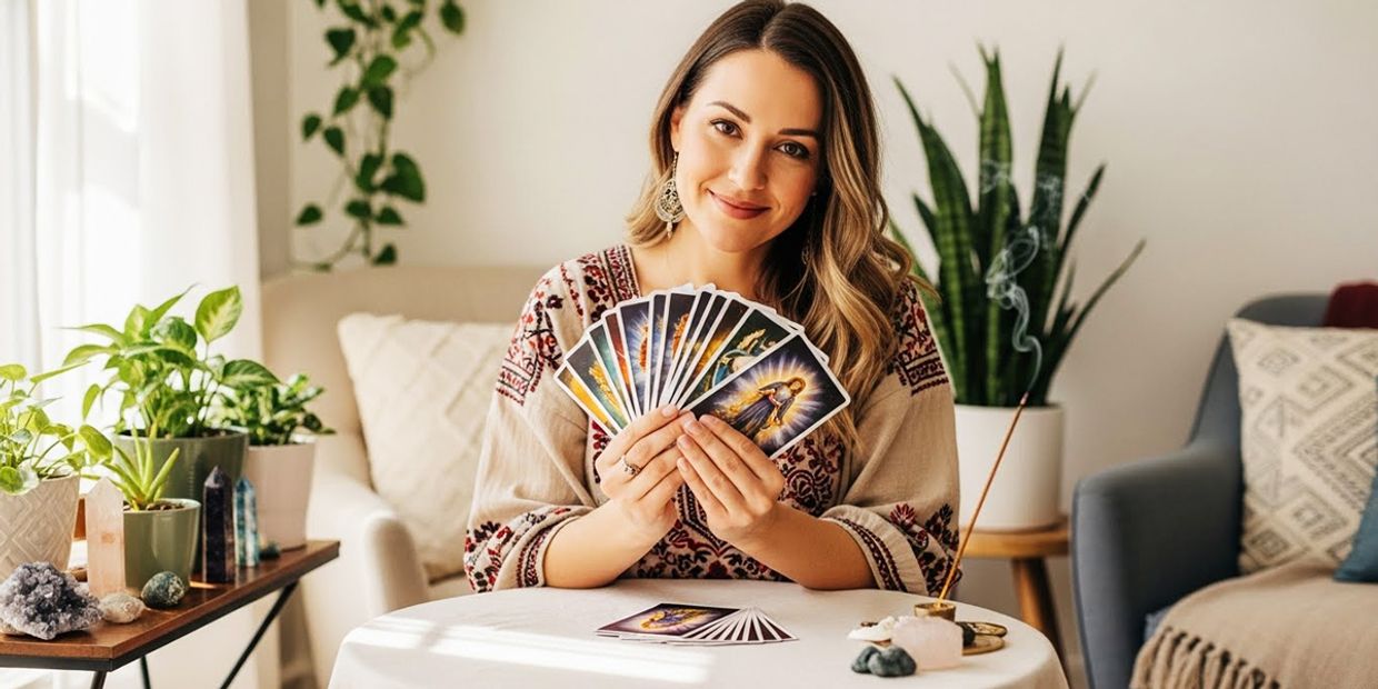 Cheerful female tarot reader sitting at a table with a fan of tarot cards and surrounded by plants and incense, symbolising a warm and accurate psychic reading.