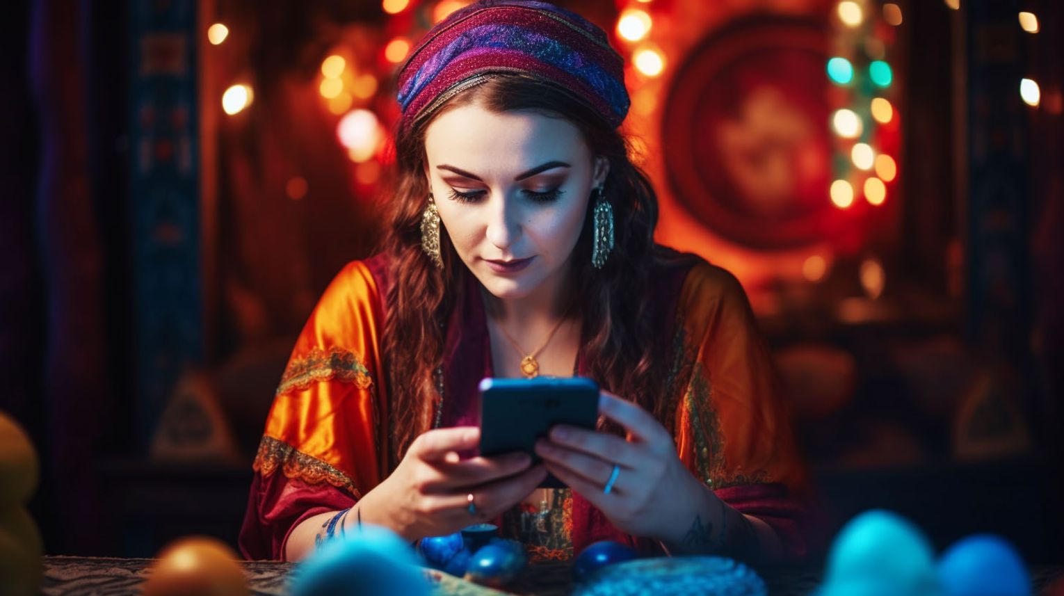 A psychic tarot card reader on her phone