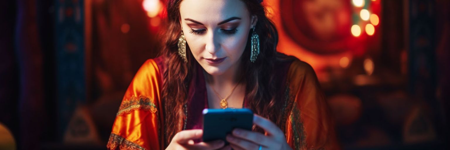 A psychic tarot card reader on her phone