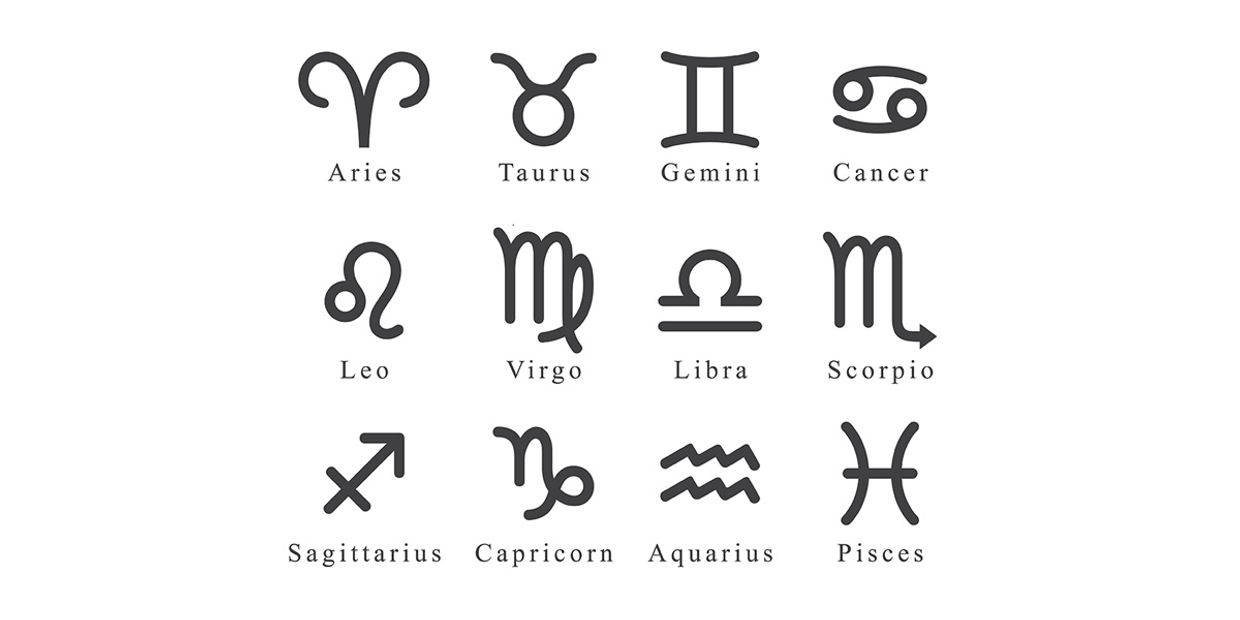 Zodiac signs chart showcasing symbols for Aries to Pisces