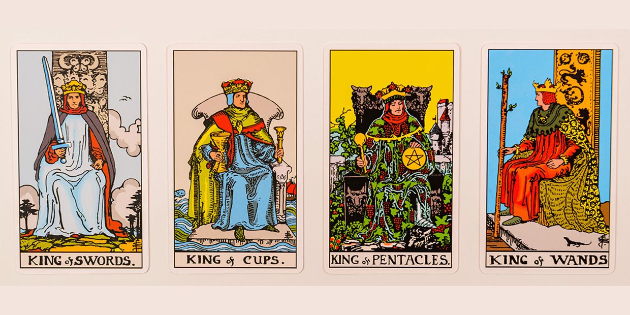 King of Cups Tarot Meaning - 4 tarot cards in a row. King of swords, King of Cups, King of Pentacles, King of Wands.