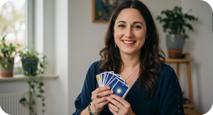 A female psychic tarot reader, holding her Tarot cards.