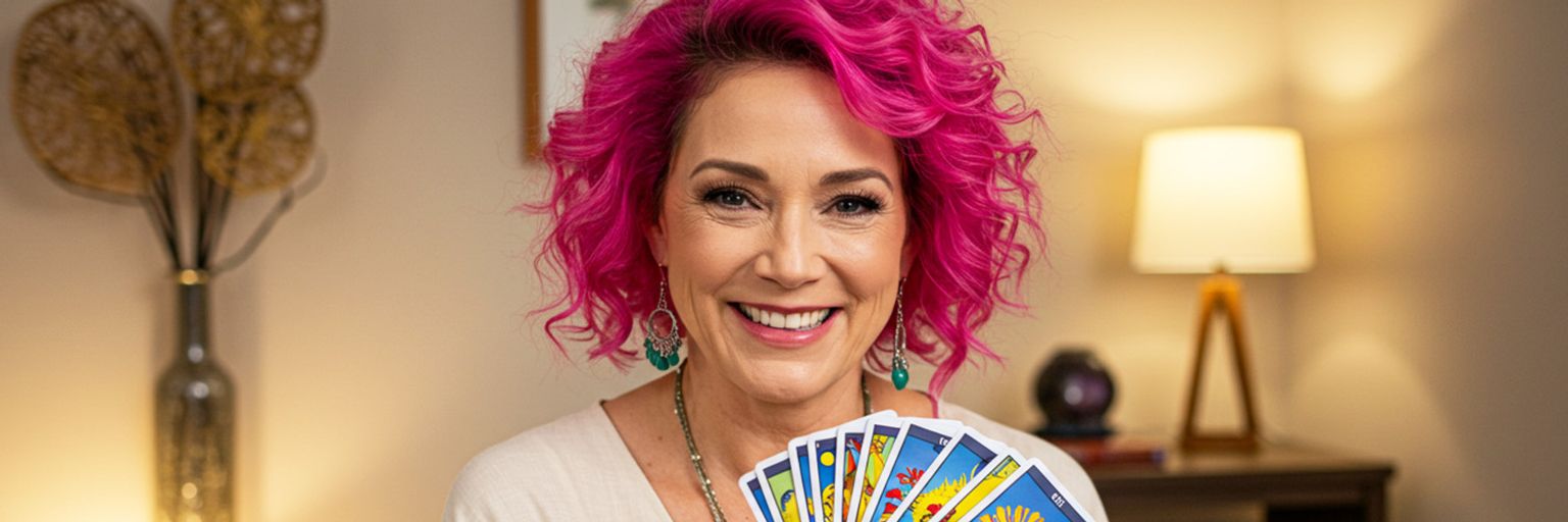 A female psychic reader holding her tarot cards