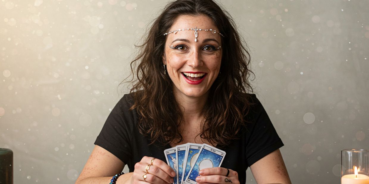 A psychic tarot reader sitting in a well lit room