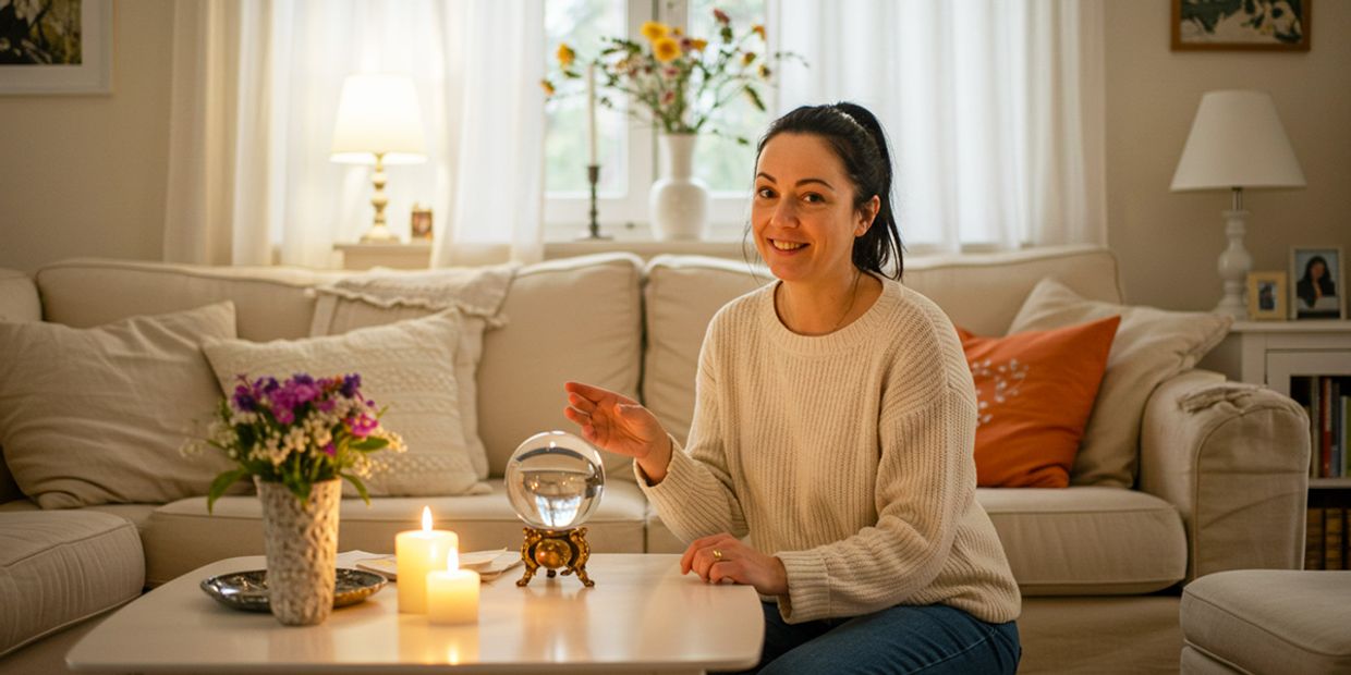 A crystal ball reader providing psychic readings from home.