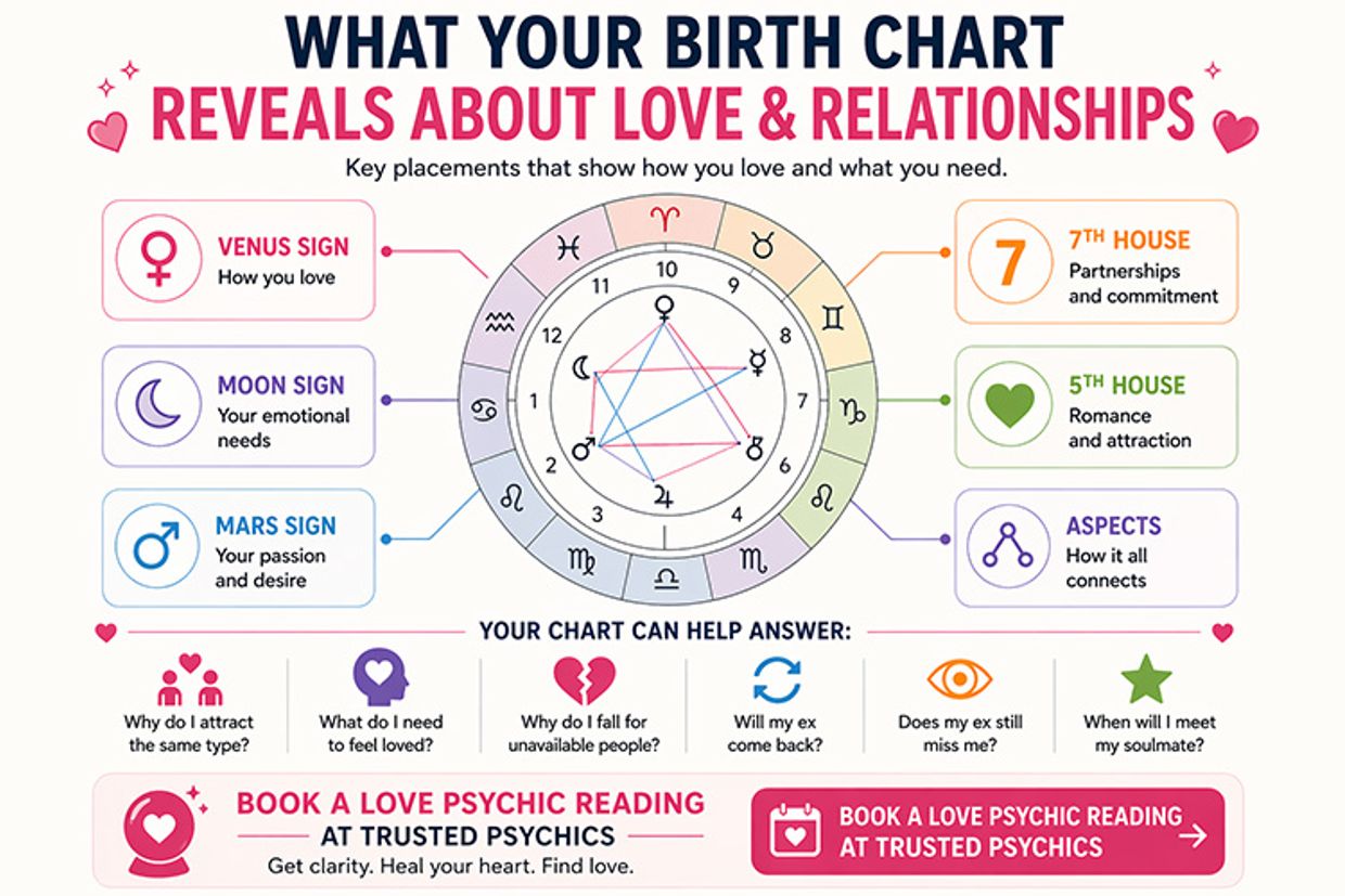 Birth Chart Reading - What your birth chart reveals about love and relationships Infographic