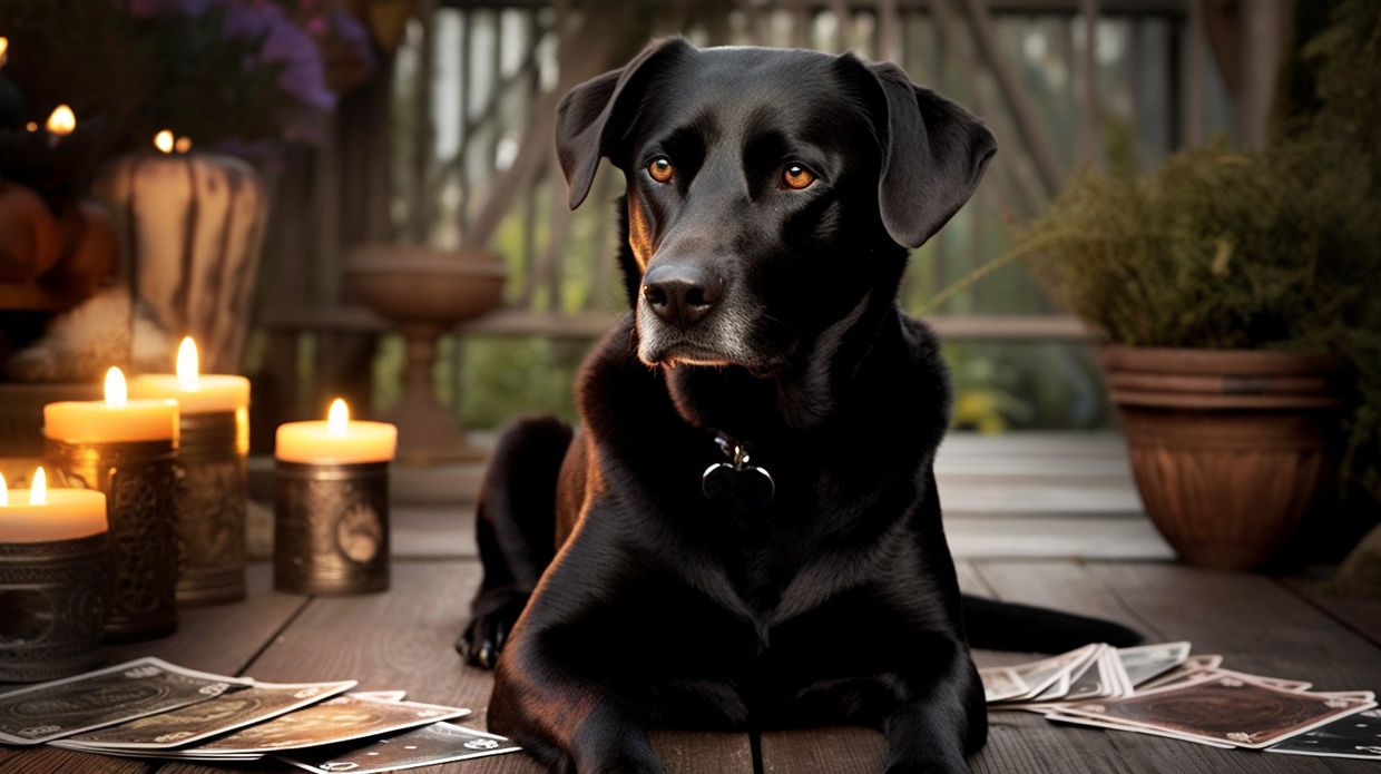 A black labrador dog with candles around him