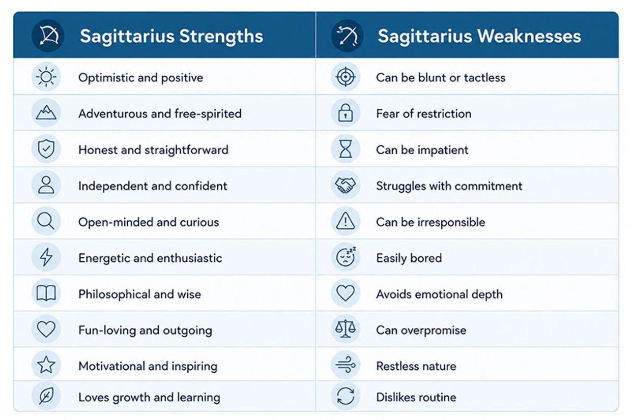 Sagittarius Personality Traits - Sagittarius Strengths & Weaknesses Infographic