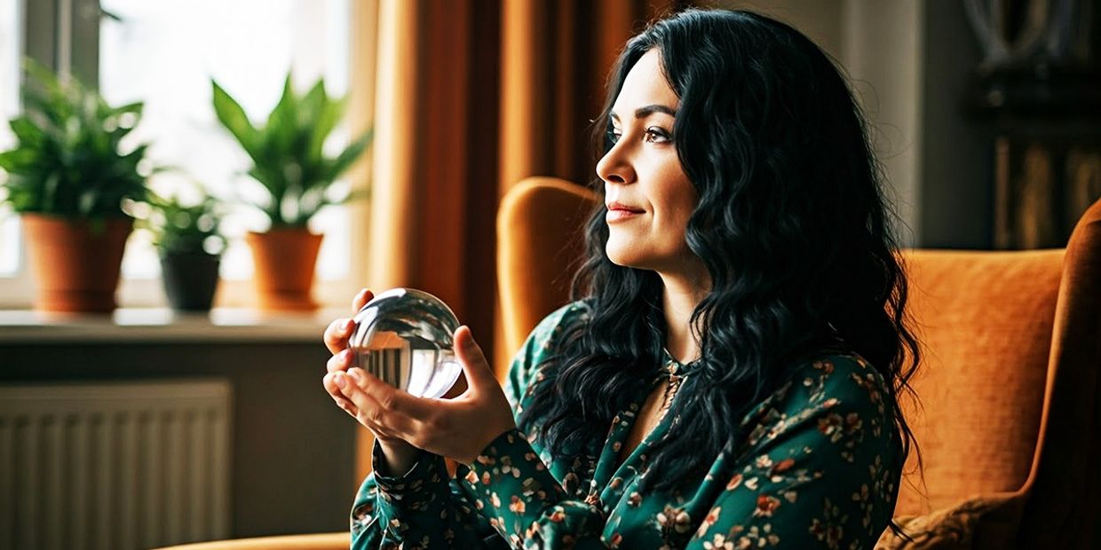 A female medium reader, holding a crystal ball in her living room.