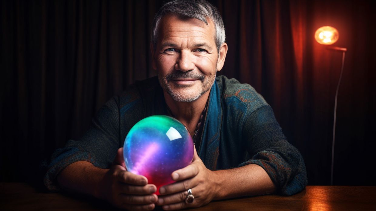 A male psychic reader holding a crystal ball