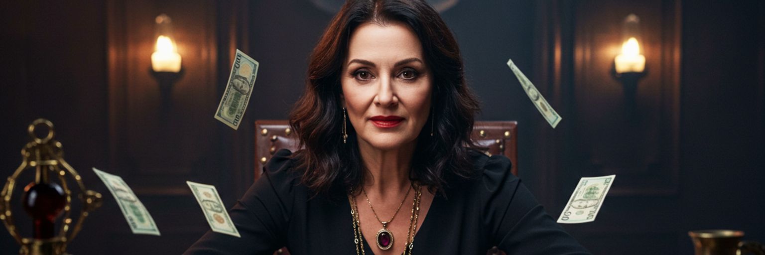 A female psychic reader with money dropping from the ceiling.