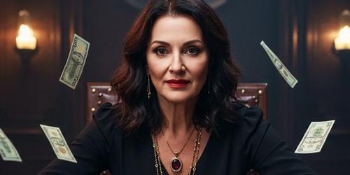 A female psychic reader with money dropping from the ceiling.