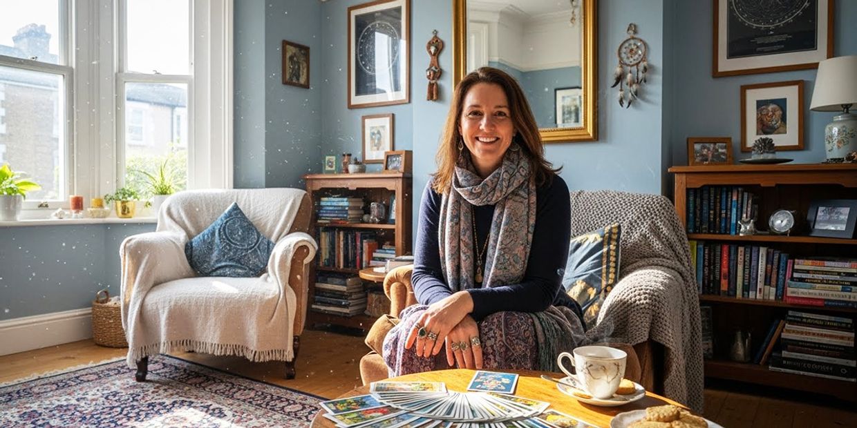 A British psychic reader with her tarot cards, sitting in her light and airy living room.