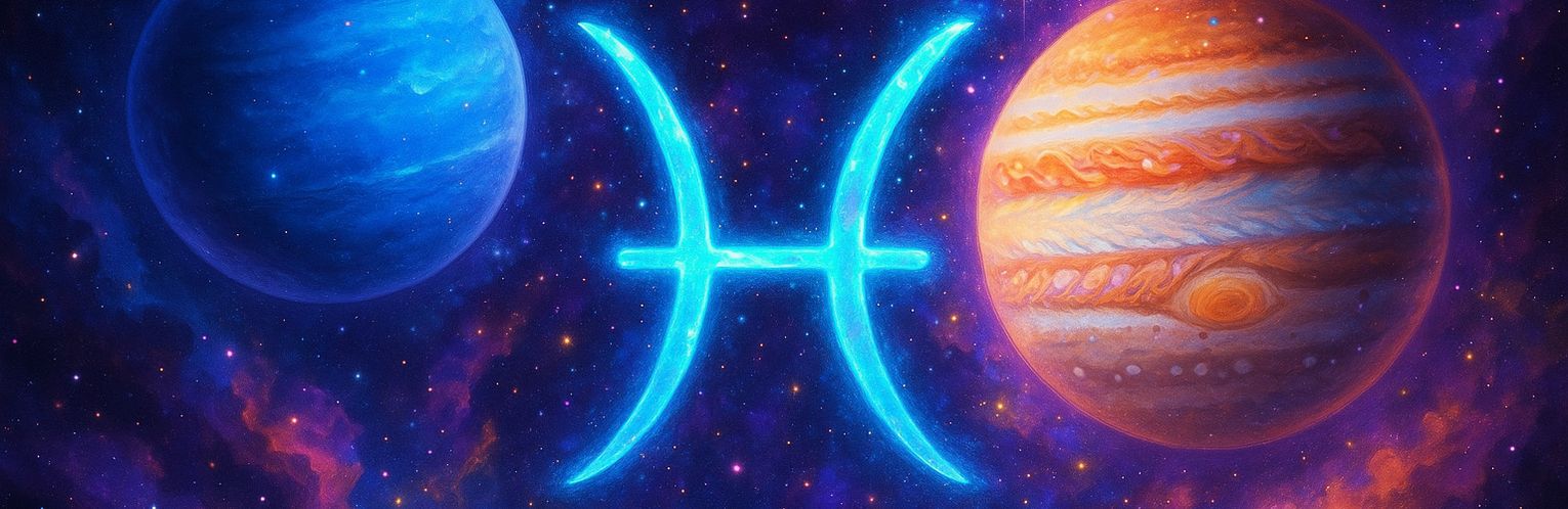 Pisces Zodiac symbol with Neptune and Jupiter planets behind.