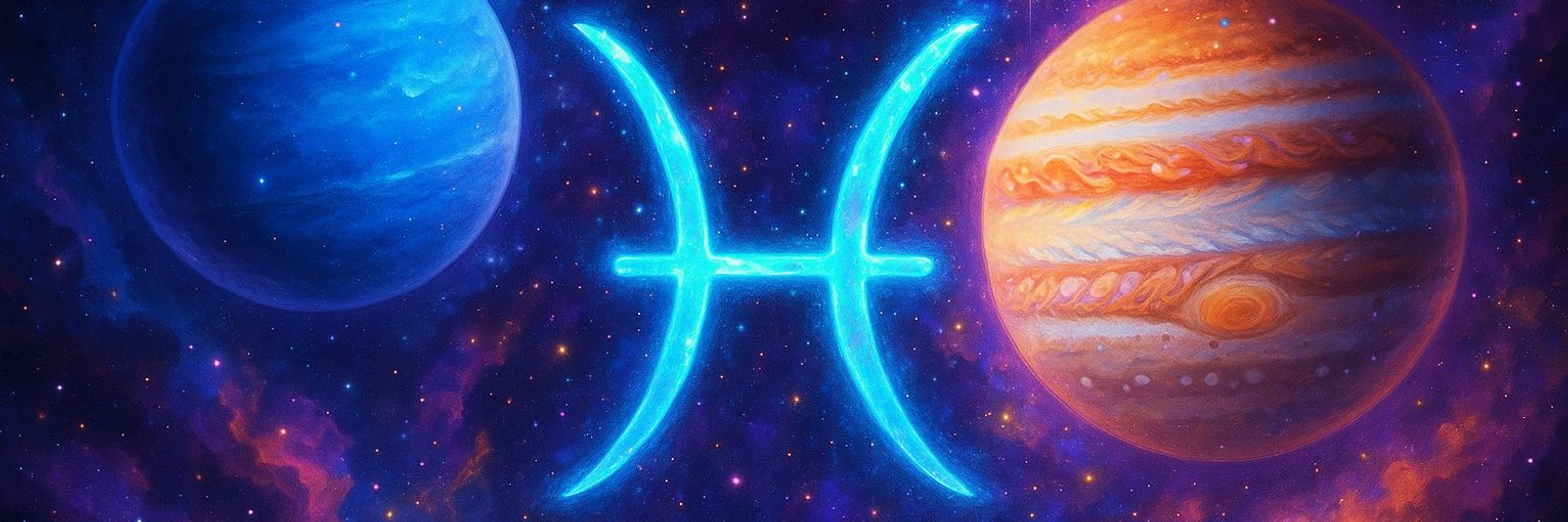 Pisces Zodiac symbol with Neptune and Jupiter planets behind.
