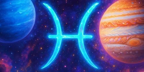 Pisces Zodiac symbol with Neptune and Jupiter planets behind.