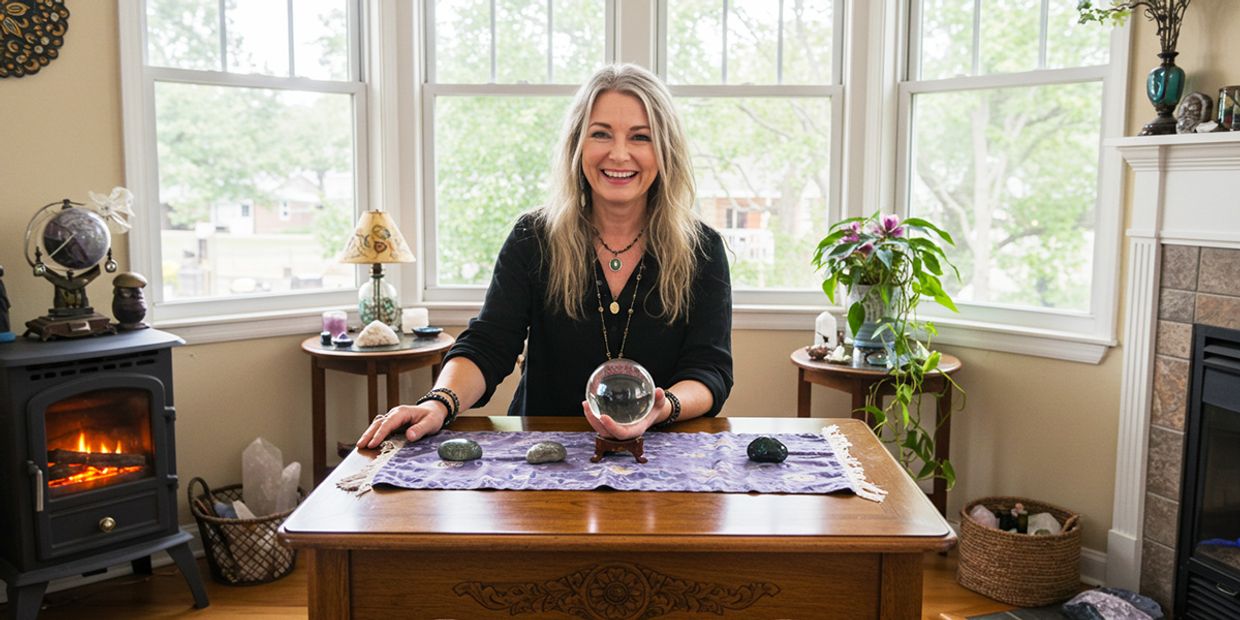 A happy psychic tarot reader, holding a crystal ball in her living room.