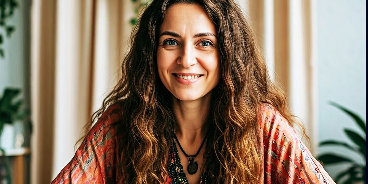 A middle aged psychic tarot reader, with a crystal ball.