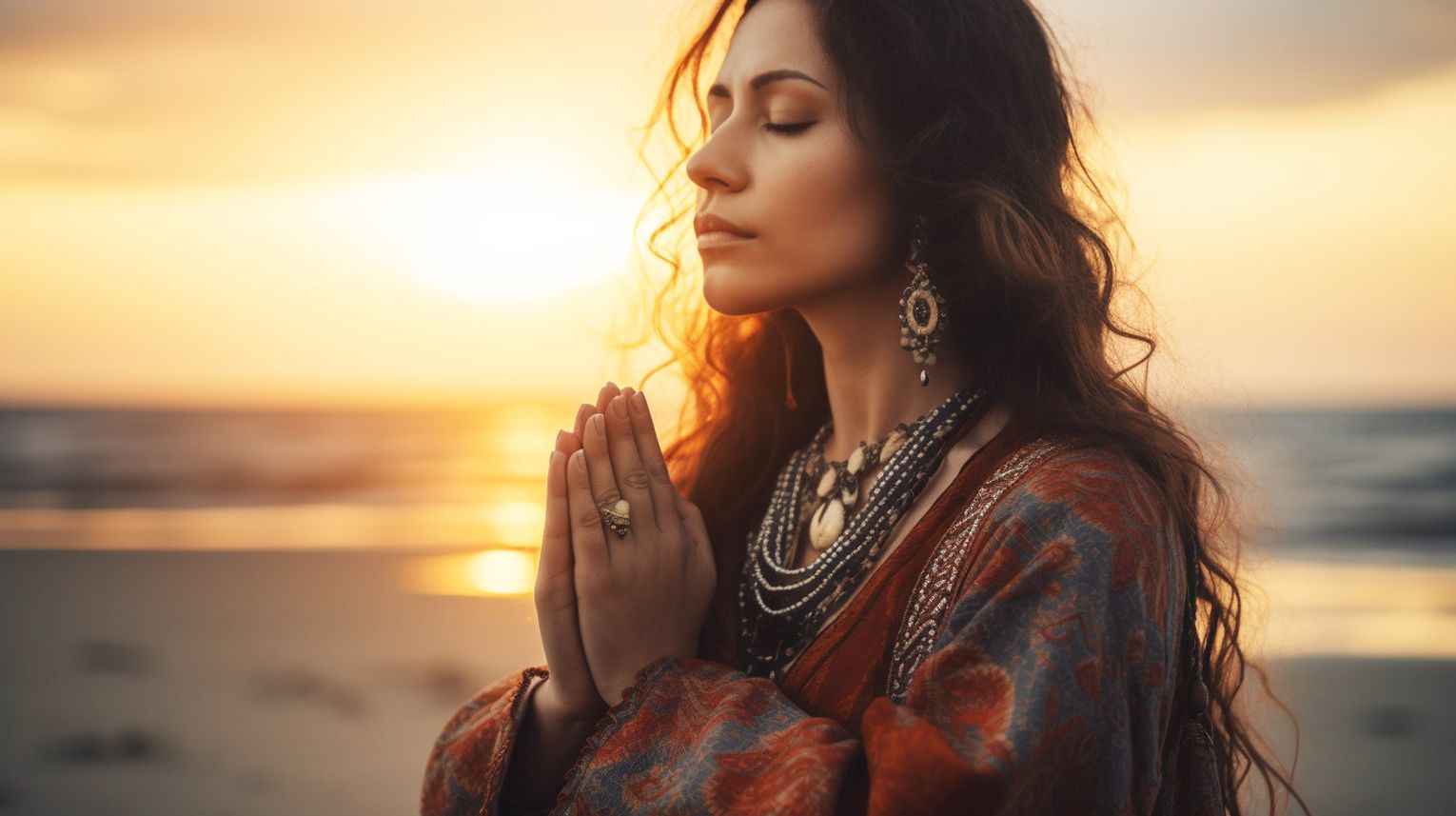 A woman praying on the beach