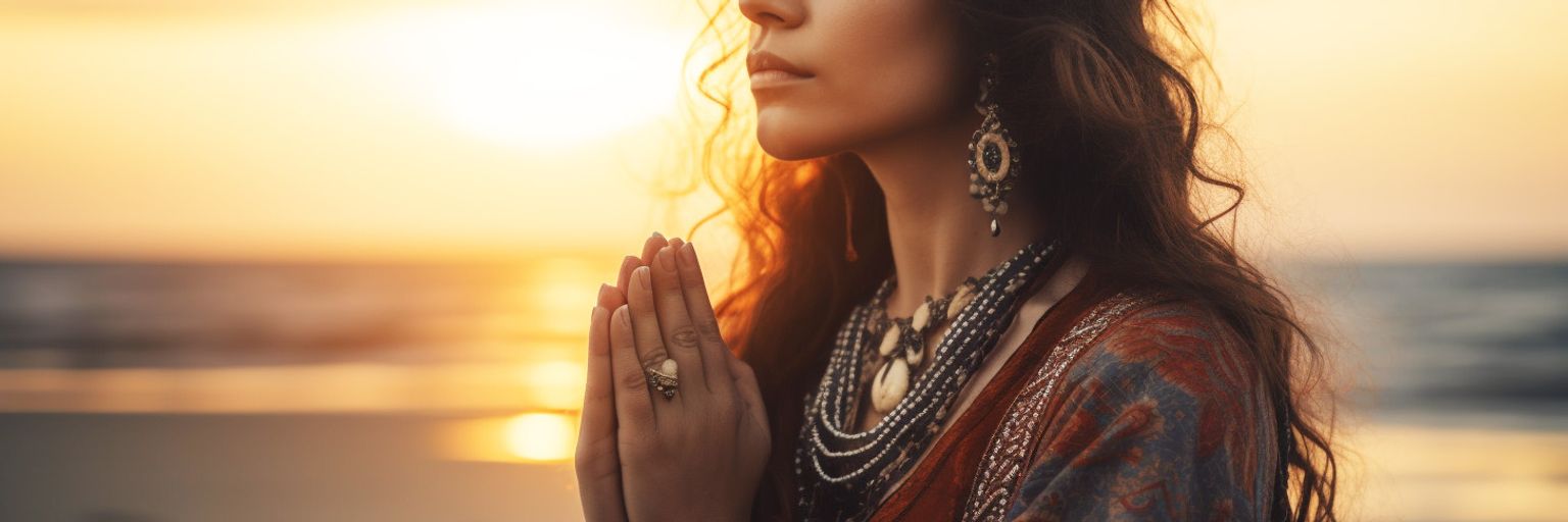 A woman praying on the beach