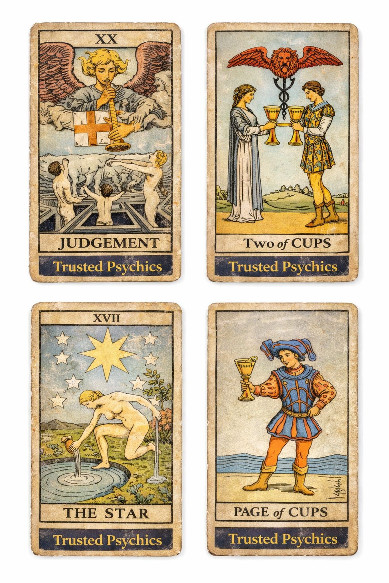 Tarot Cards for Reconciliation - Judgement, Two of Cups, The Star, Page of Cups Tarot Cards.