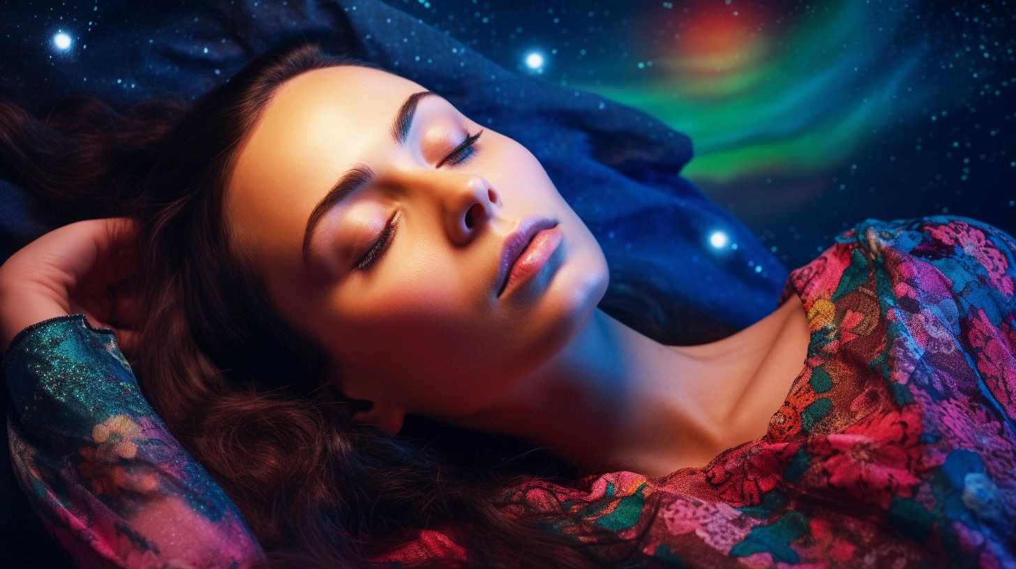 A woman asleep with a magical background