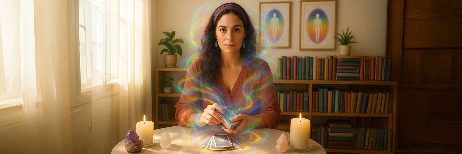 A female Psychic Reader, using her Tarot Cards, sitting at her table.