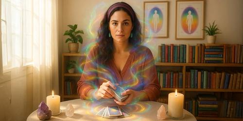 A female Psychic Reader, using her Tarot Cards, sitting at her table.