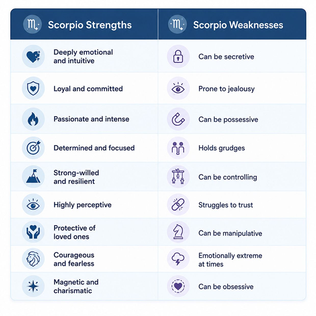 Scorpio Personality Traits - Scorpio Strengths & Weaknesses - Infographic