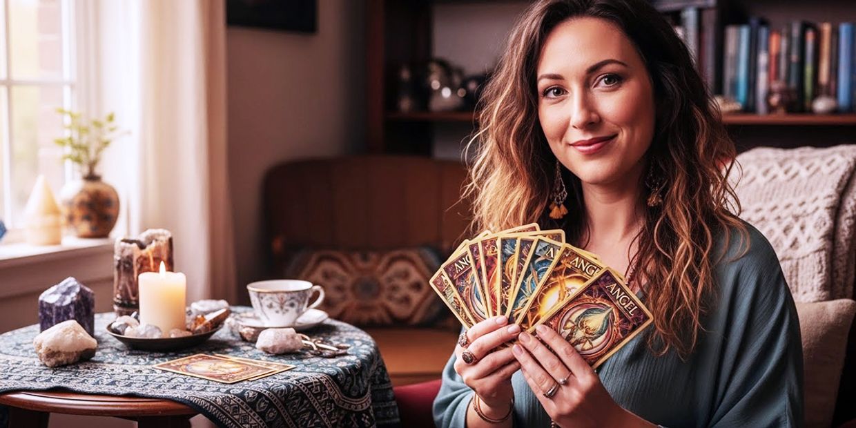 Woman holding angel oracle cards in a cosy and candle-lit room, symbolising angel messages, spiritual guidance, and life-changing psychic readings.
