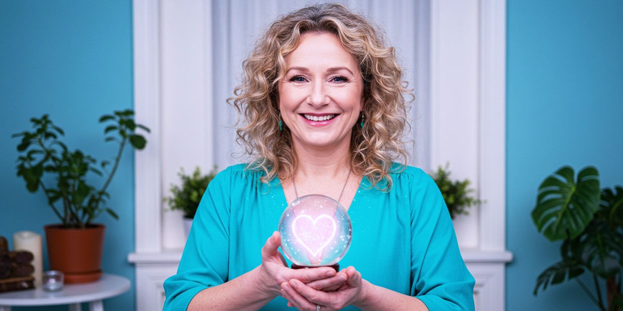 A clairvoyant love psychic reader, holding a crystal ball.