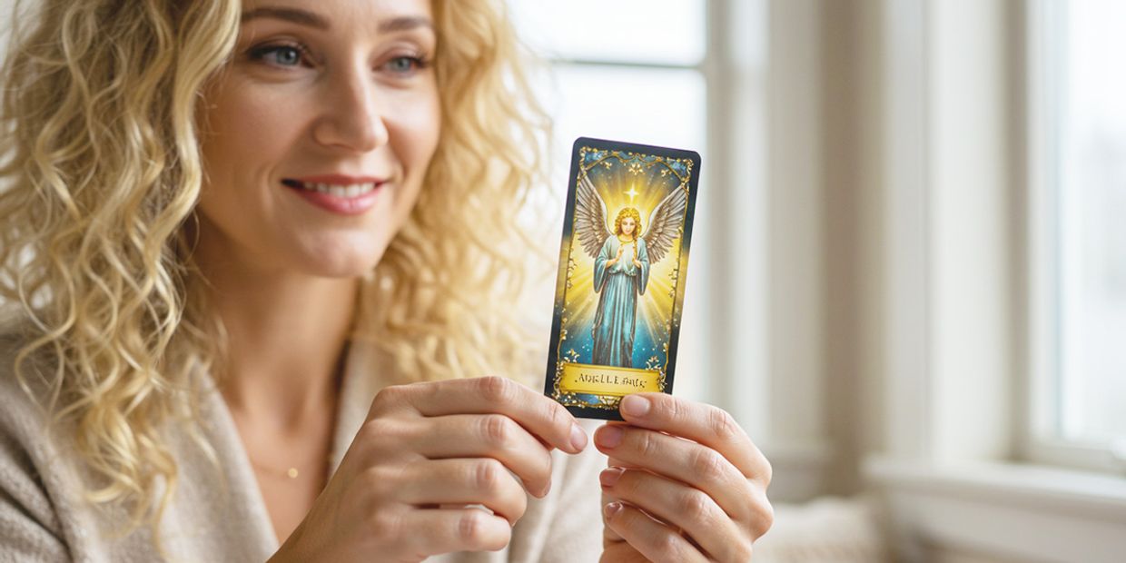 A female angel card reader, sitting in her living room and holding an angel card.