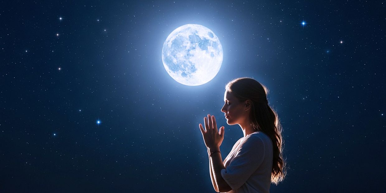 A beautiful woman praying under a full moon.