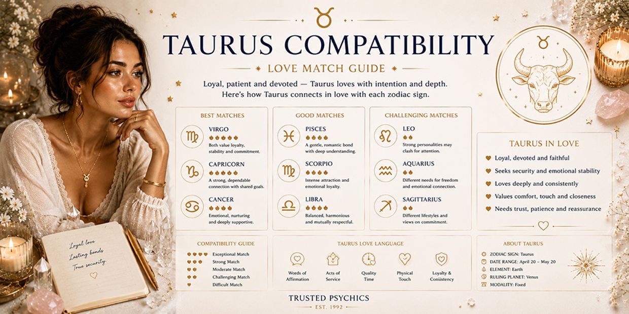 Who Is Taurus Most Compatible With in Love & Relationships? Taurus Compatibility Love Match Guide Infographic