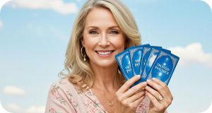 A female tarot reader, holding her Trusted Psychics tarot deck.