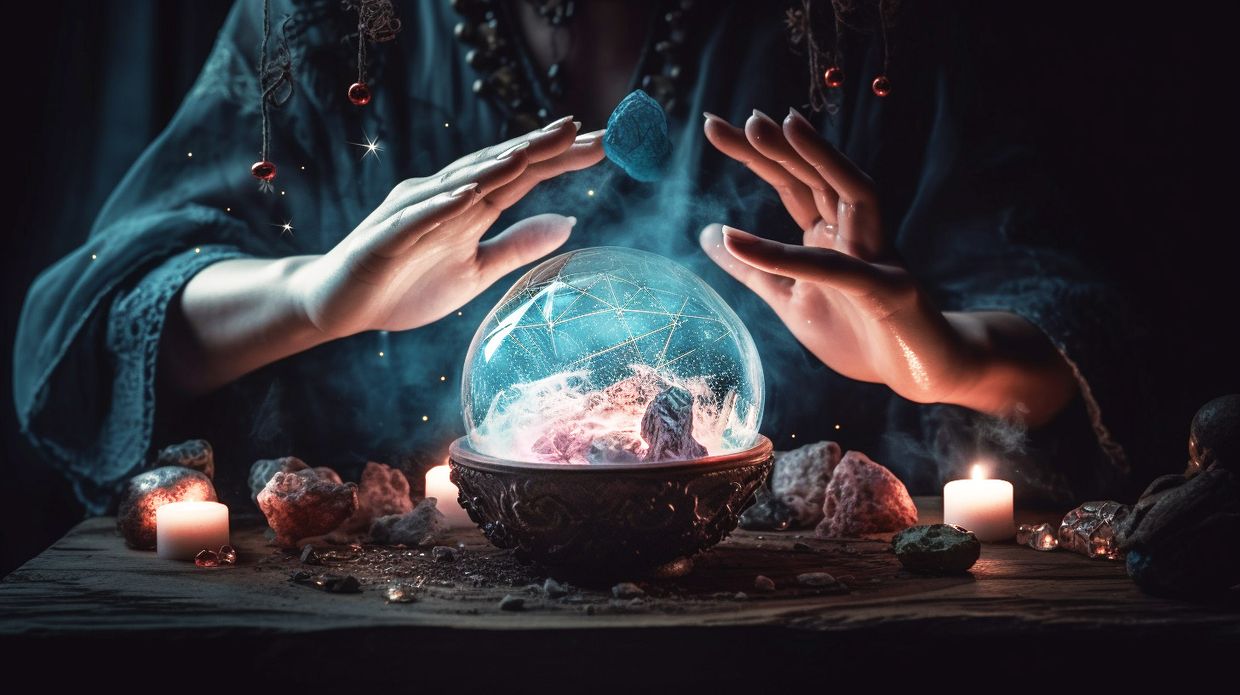 A medium reader with her hands over a crystal ball