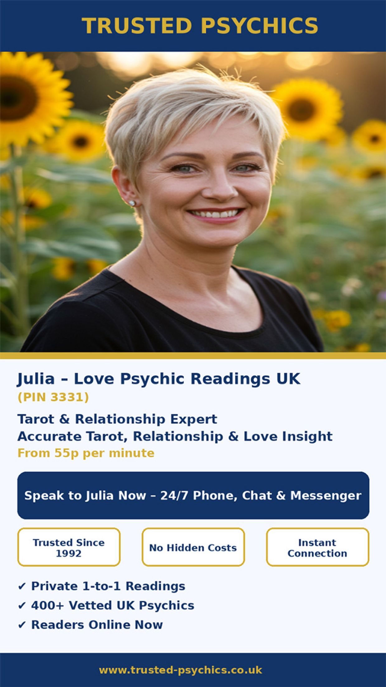 Julia Love Psychic UK (PIN 3331) | Tarot & Relationship Insight