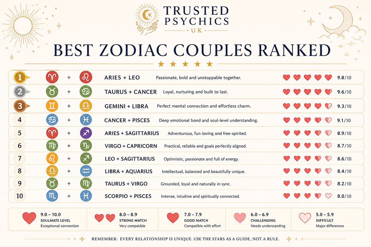 Who Is Sagittarius Most Compatible With in Love & Relationships? Best Zodiac Couples Ranked - Infographic