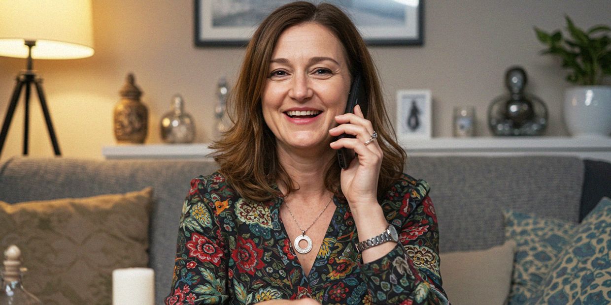 A female psychic reader, speaking on the phone, giving a psychic reading.
