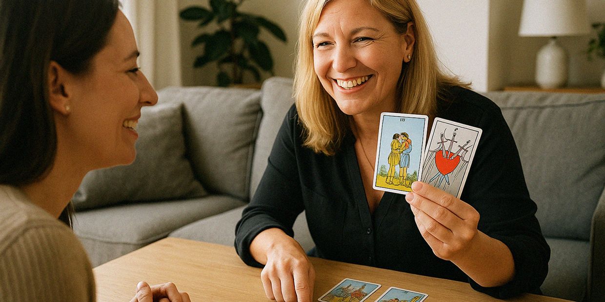 A psychic reader giving a love reading, using her tarot cards.
