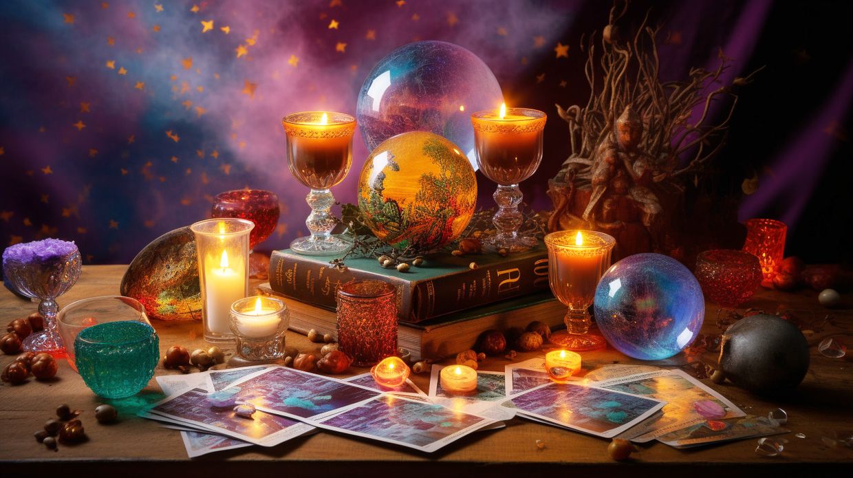 Crystal balls, tarot cards and candles on a table
