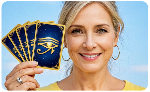 A happy psychic tarot reader holding her tarot cards, which have the eye of horus printed on them.