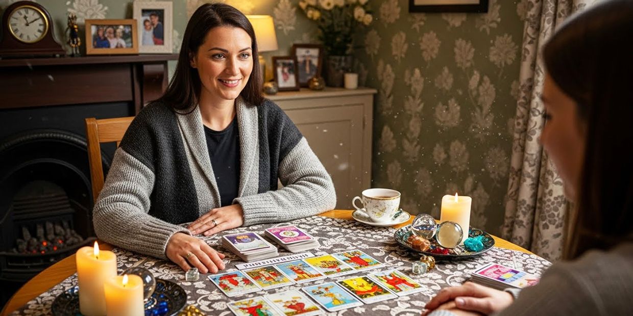 A British Tarot card reader providing a tarot reading to a face to face customer.